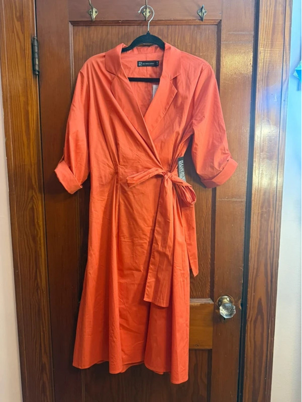 New York & Company Wrap Midi Shirt Dress Medium Orange NWT Style 3346